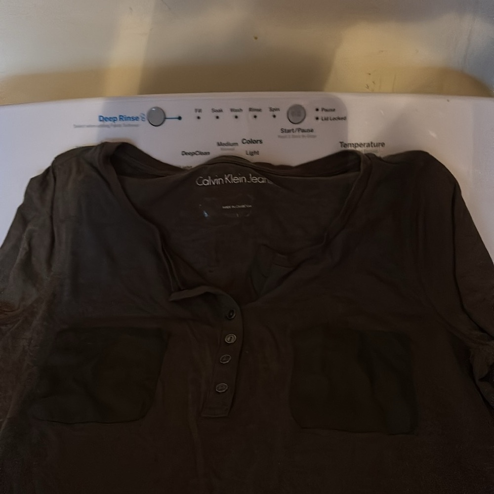 Calvin Klein Jeans Sheer Tissue Henley Top 3/4 Sleeves High Low Shirt Pockets L